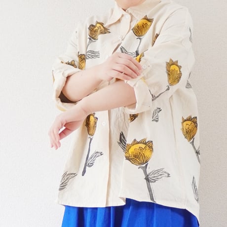 ＊レディース＊Jawandi-ジャワンディー-Hand Stamp Flower 3/4 Sleeve Shirts/ハンドプリント8部袖シャツ