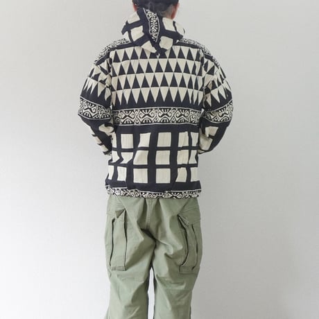 ＊ユニセックス＊Jawandi-ジャワンディー-Sanp Button Hoodie Jacket/スナップボタン フーディジャケット/ブラックホワイト・インドネシアバティック/A