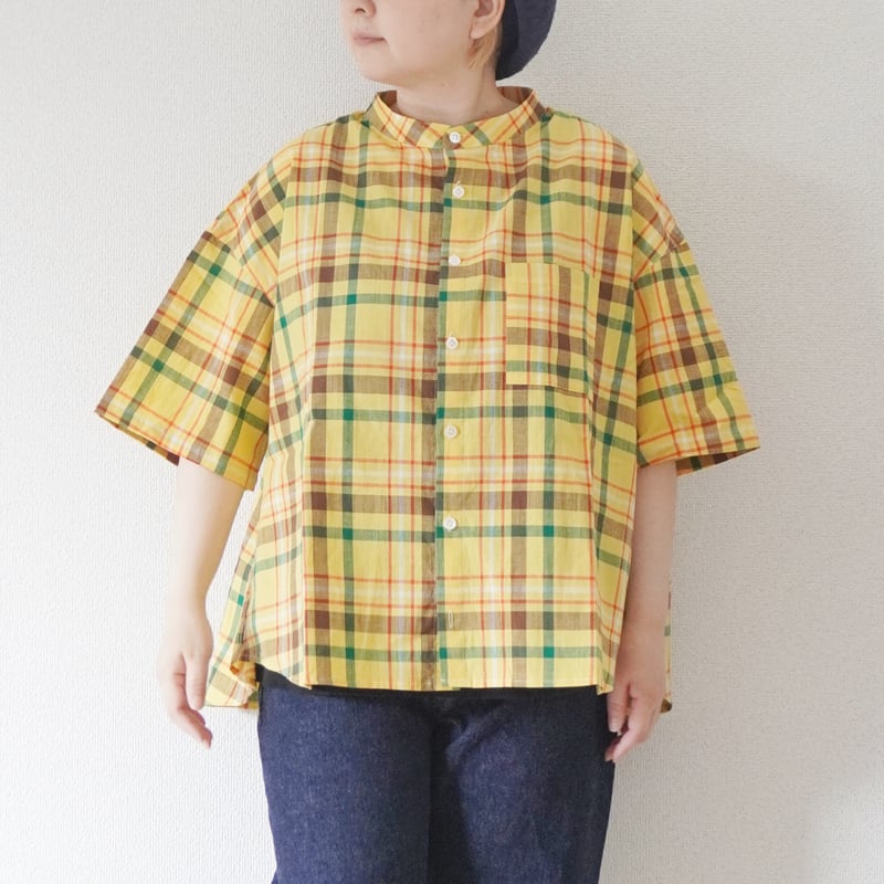 レディース＊Linen ya-リネンヤ-コットンスタンドカラー半袖ブラウス 