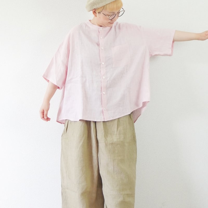 再入荷＊レディース＊Linenya-リネンヤ- リネン バンドカラー半袖 