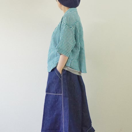 ＊ASCOT by yim-アスコットバイイム-コットンリネンボイル クラブネック五分袖ブラウス/グリーンギンガム