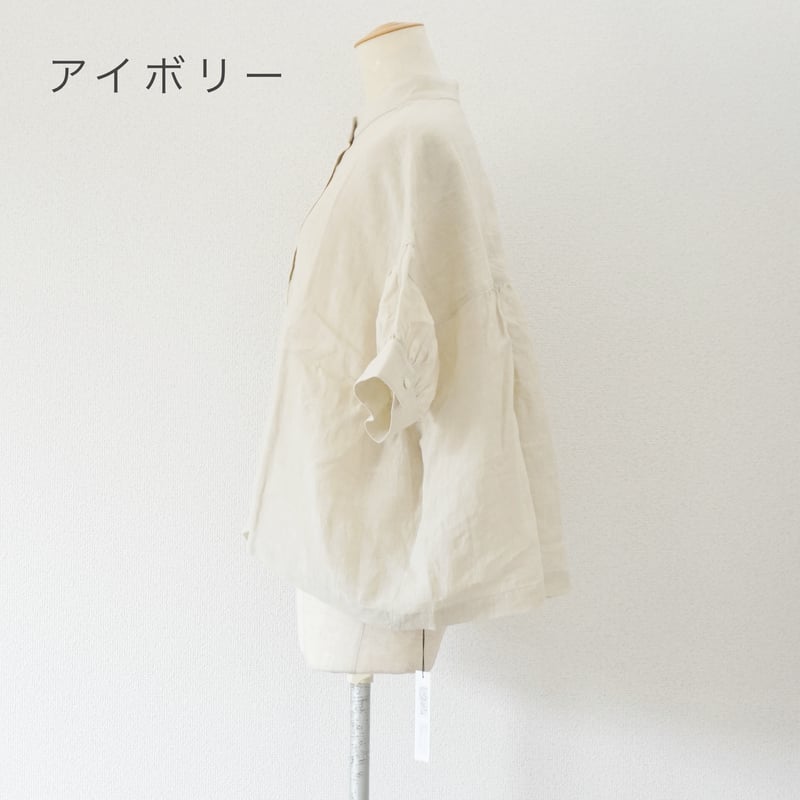 3色＊レディース＊Linenya-リネンヤ-リネン半袖スタンドカラーブラウス