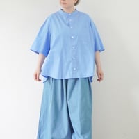 ＊レディース＊LinenYa-リネンヤ-ストライプバンドカラー半袖シャツ / ライトブルー