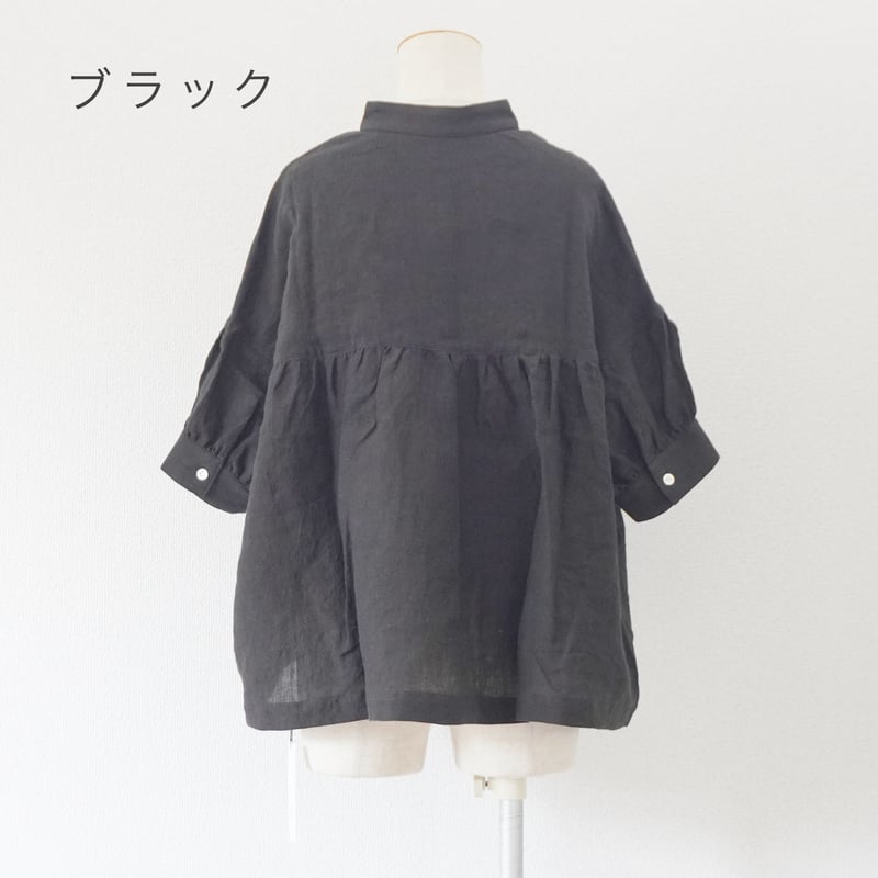Linenya半袖スタンドカラーリネンブラウス（ブラック） 新品未使用品 3色＊レディース＊Linenya-リネンヤ-リネン半袖スタンドカラー