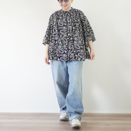 ＊レディース＊Brocante-ブロカント-ペイズリーインドプリント フロンセ5分袖シャツ/ブラック