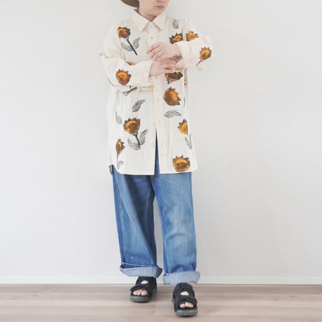 ＊ユニセックス＊Jawandi-ジャワンディー-Hand Stamp Flower L/S Basic Shirts/ハンドプリントシャツ