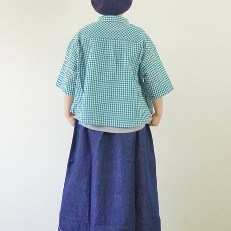 ＊ASCOT by yim-アスコットバイイム-コットンリネンボイル クラブネック五分袖ブラウス/グリーンギンガム