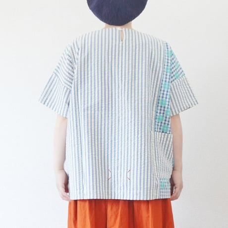 2色レディース＊快晴堂-Girl's インディゴサッカーに水玉 ミックス水玉半袖シャツ/52S-01