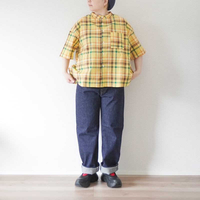 レディース＊Linen ya-リネンヤ-コットンスタンドカラー半袖ブラウス 