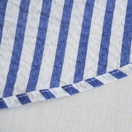 ＊レディース＊Linen ya-リネンヤ-コットンシアサッカー バンドカラーブラウス/ブルーストライプ