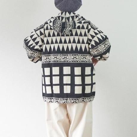 ＊ユニセックス＊Jawandi-ジャワンディー-Sanp Button Hoodie Jacket/スナップボタン フーディジャケット/ブラックホワイト・インドネシアバティック/A