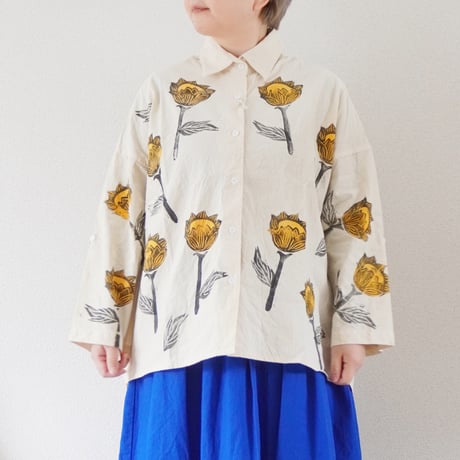＊レディース＊Jawandi-ジャワンディー-Hand Stamp Flower 3/4 Sleeve Shirts/ハンドプリント8部袖シャツ
