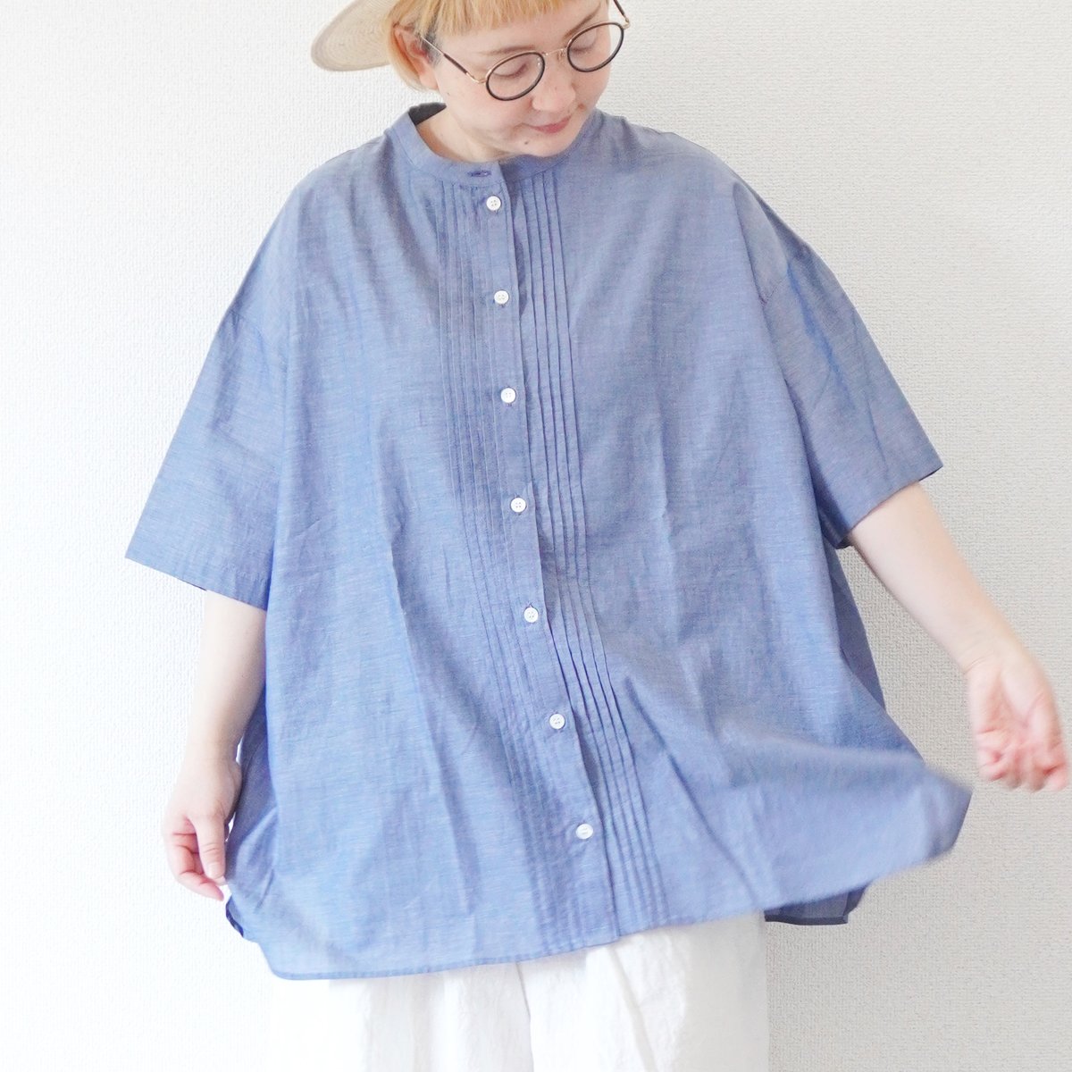 青グラデーション♪古布リネンのピンタックブラウス　着物リメイク　72 青グラデーション♪古布リネンのピンタックブラウス着物リメイク72