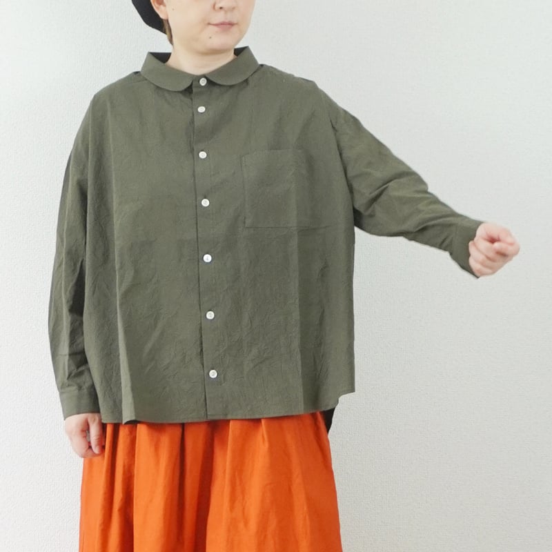 2色＊レディース＊Linen ya-リネンヤ-丸襟ブラウス シワ加工/カーキ