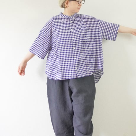 【予約商品】＊レディース＊Linenya-リネンヤ-シャーリング  バンドカラー半袖シャツ