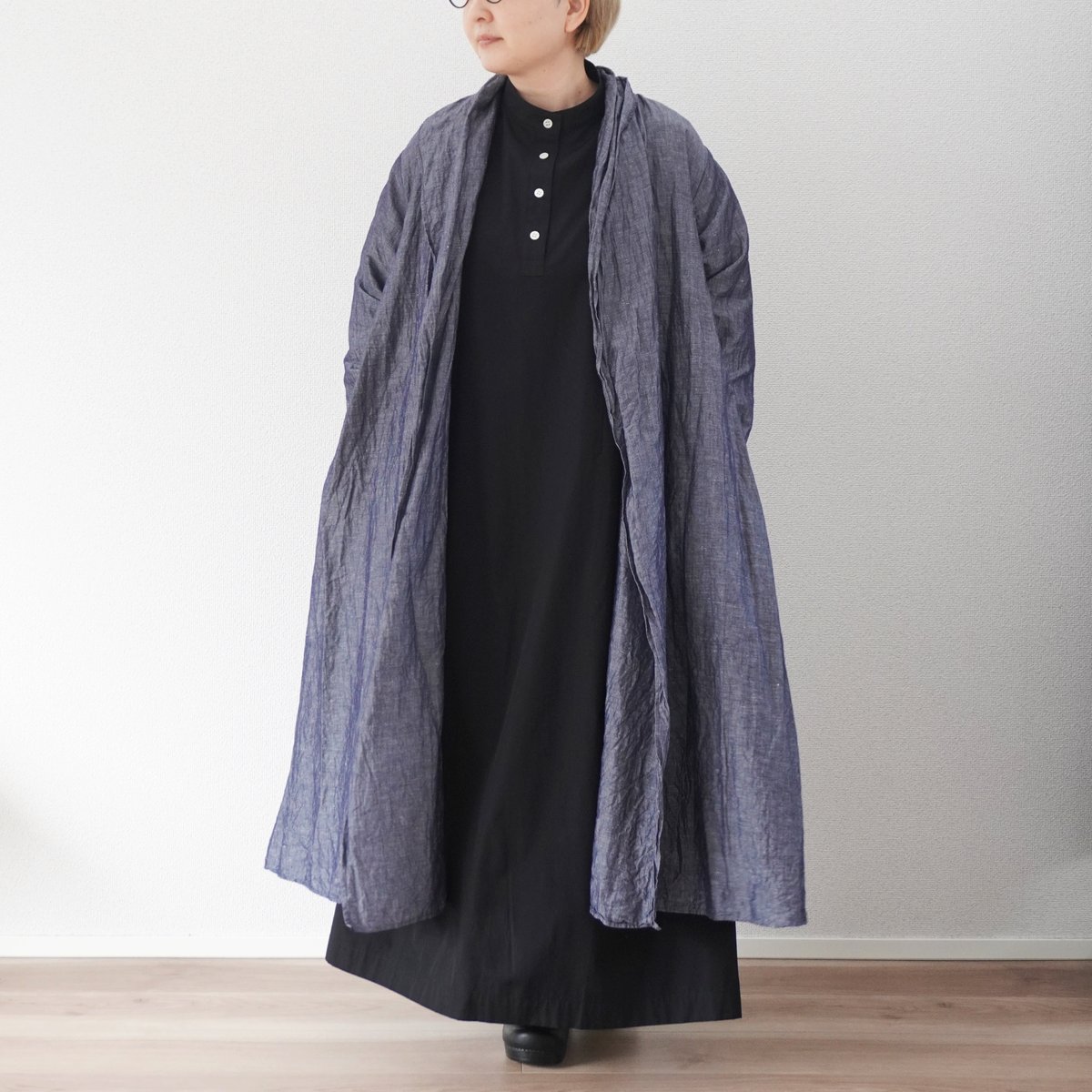 レディース＊Linen ya-リネンヤ-コットンリネン ショールカラーガウン 