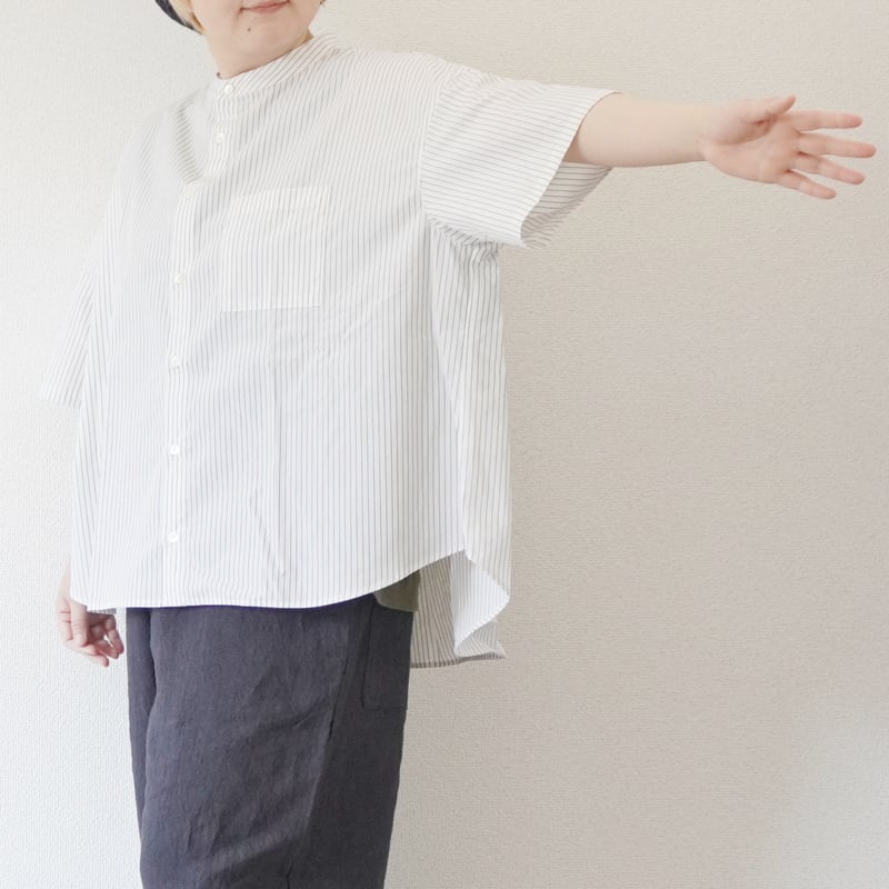 レディース＊Linen ya-リネンヤ-ストライプバンドカラー半袖
