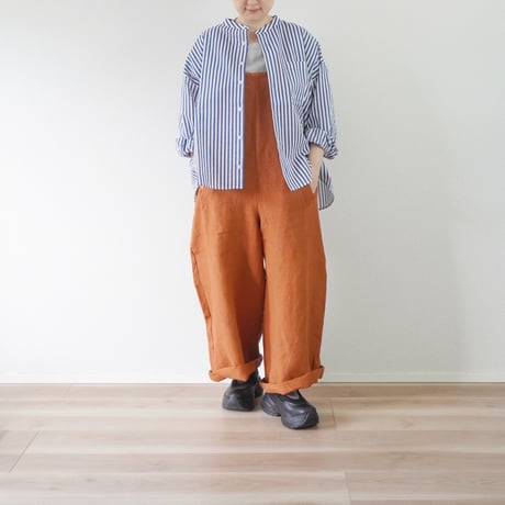 ＊レディース＊Linen ya-リネンヤ-コットンシアサッカー バンドカラーブラウス/ブルーストライプ