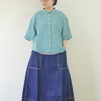 ＊ASCOT by yim-アスコットバイイム-コットンリネンボイル クラブネック五分袖ブラウス/グリーンギンガム