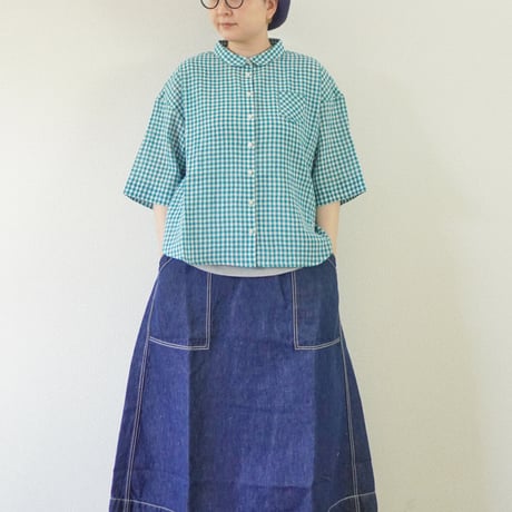 ＊ASCOT by yim-アスコットバイイム-コットンリネンボイル クラブネック五分袖ブラウス/グリーンギンガム