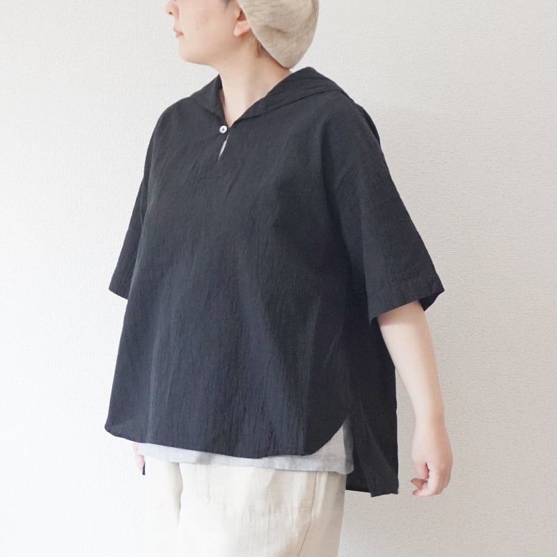 prit プリット 黒 綿麻　セーラーカラープルオバー半袖 2色＊レディース＊prit-プリット-綿麻平織5分袖セーラーカラー