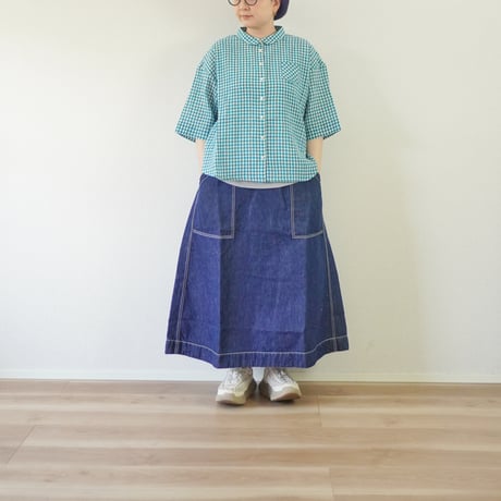 ＊ASCOT by yim-アスコットバイイム-コットンリネンボイル クラブネック五分袖ブラウス/グリーンギンガム