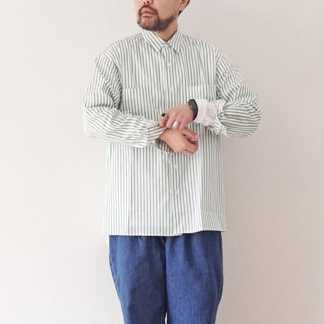 ＊ユニセックス＊amne-アンヌ-PIMA STRIPE covered shirts / amn-SH-043 / Green