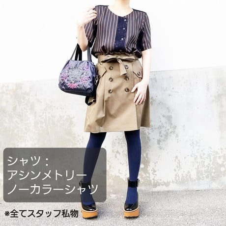 アシンメトリーフロント　ノーカラーシャツ　【ネイビー】D64