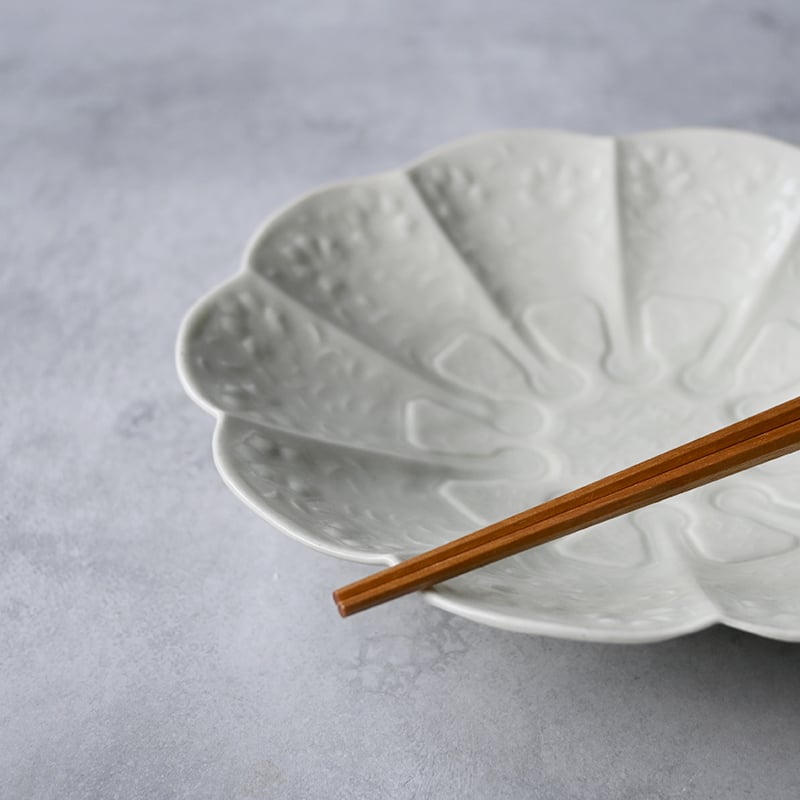 たつおさま専売：石田裕哉　灰釉団扇形皿＋瑠璃軸金木犀文皿 石田裕哉 灰釉陽刻花型皿 | わく和煦