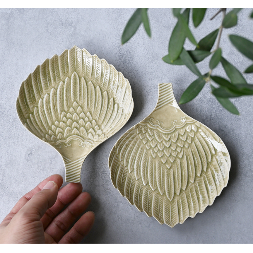 たつおさま専売：石田裕哉 灰釉団扇形皿＋瑠璃軸金木犀文皿 たつおさま