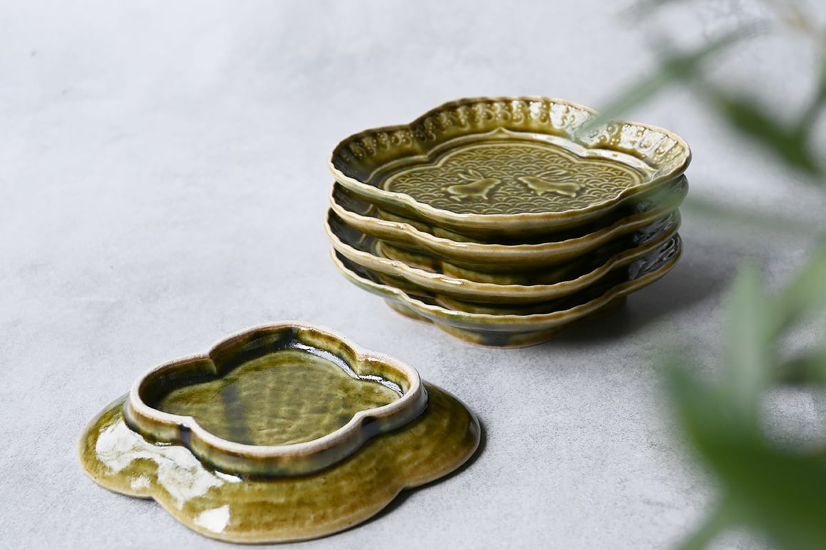 たつおさま専売：石田裕哉 灰釉団扇形皿＋瑠璃軸金木犀文皿