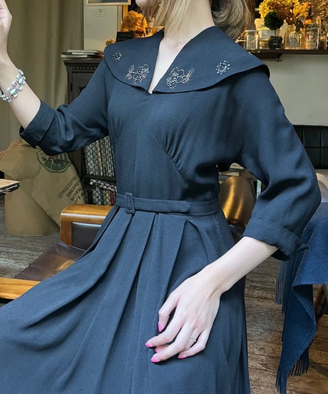 40’s beaded embroidery big collar one-piece