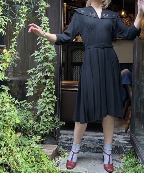 40’s beaded embroidery big collar one-piece