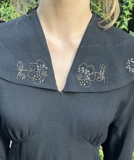 40’s beaded embroidery big collar one-piece