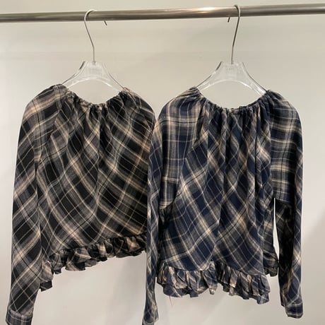 予約販売　Drawstring Plaid Ruffle Blouse