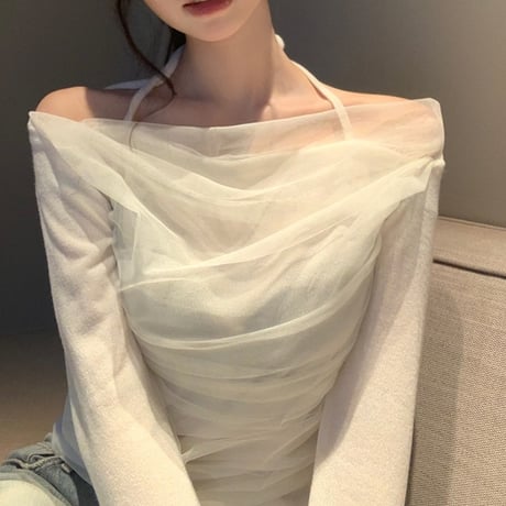 予約販売　Sheer Draped Halter Off-Shoulder Top