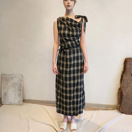 Draped plaid sleeveless dress