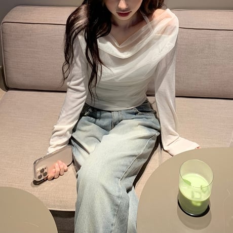 予約販売　Sheer Draped Halter Off-Shoulder Top