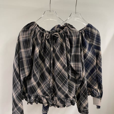 予約販売　Drawstring Plaid Ruffle Blouse