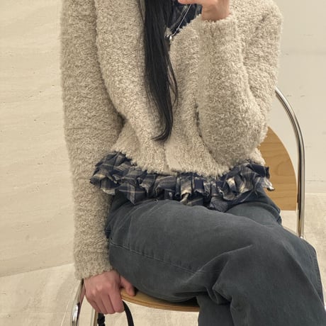予約販売　Drawstring Plaid Ruffle Blouse