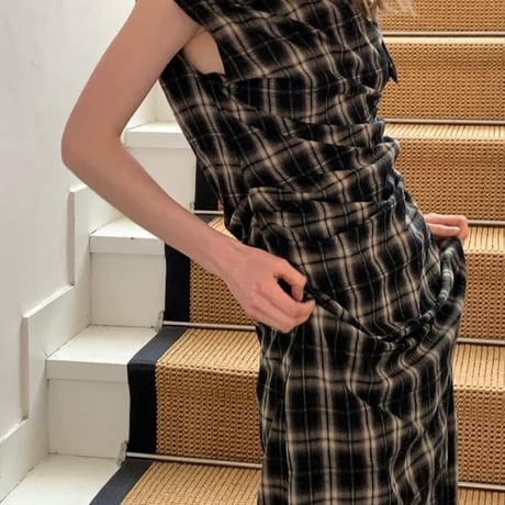 Draped plaid sleeveless dress