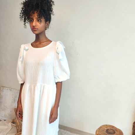Shirred puff-sleeve dress.