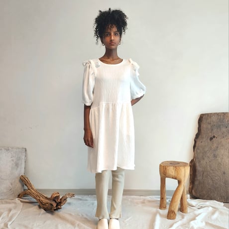 Shirred puff-sleeve dress.