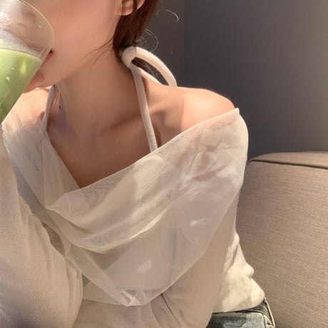 予約販売　Sheer Draped Halter Off-Shoulder Top