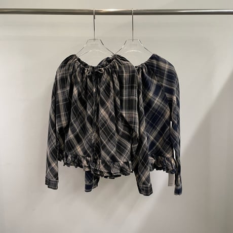 予約販売　Drawstring Plaid Ruffle Blouse
