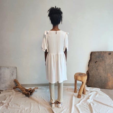 Shirred puff-sleeve dress.