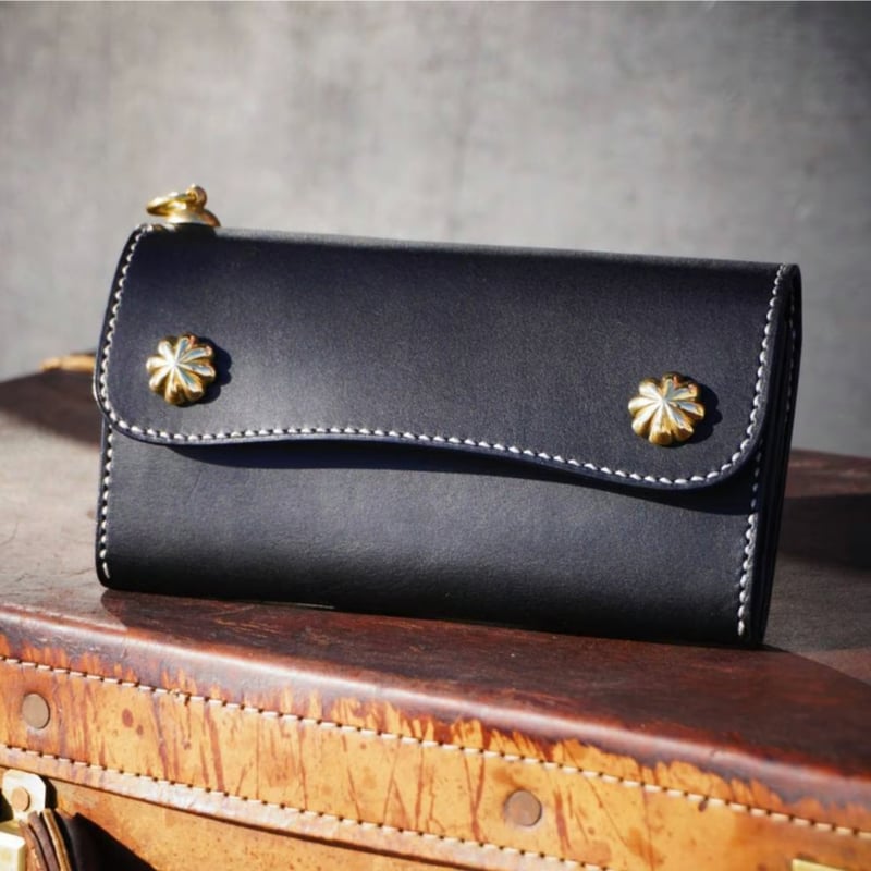 ロングトリフォード/三つ折りロングウォレット/ブラック×ブラス