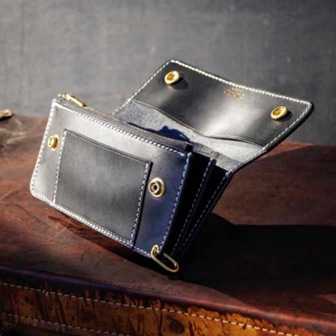 tsuka14 ロングトラッカーウォレット/姫路レザー茶芯黒色ステッチ白色 tsuka14 ロングトラッカーウォレット/姫路レザー茶芯黒色ステッチ白色