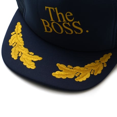 Vintage, 5-Panel Mesh Trucker Snapback Hat "The BOSS, Gold laurel brim"