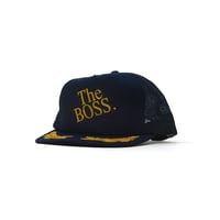 Vintage, 5-Panel Mesh Trucker Snapback Hat "The BOSS, Gold laurel brim"